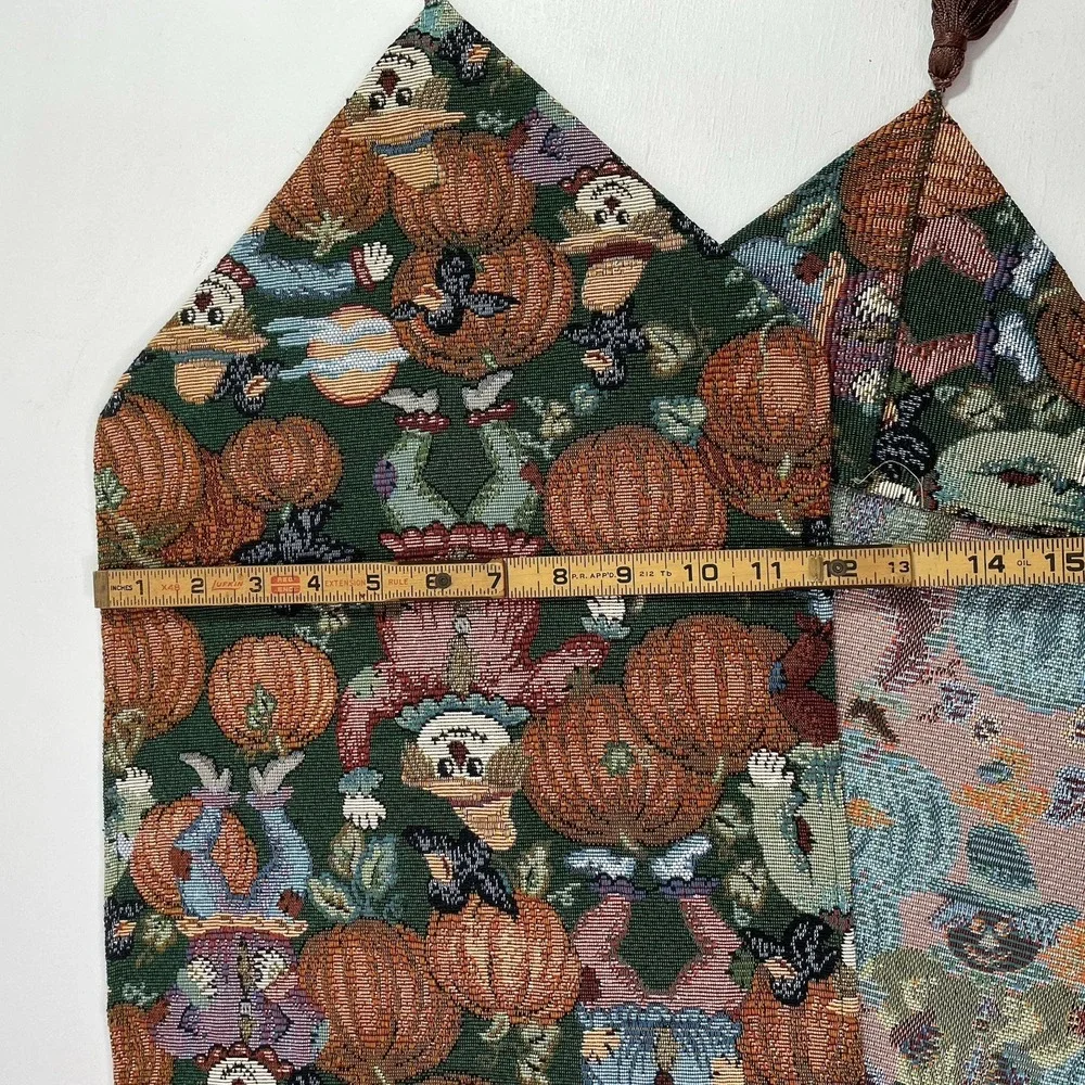 Vintage Autumn Table Runner Fall Decor Pumpkin Scarecrow Brown Tassels 71 Inch